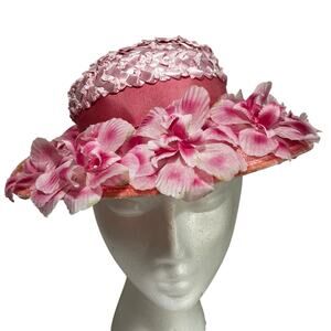 Vintage Easter Bonnet Pink Silk Flowers Dressy Church Hat Mid Century 1960's